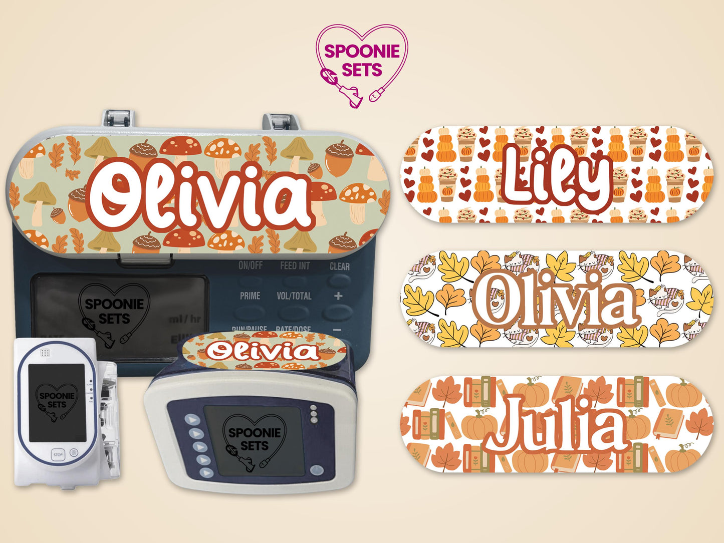 Fall collection feeding tube pump stickers with mushroom, pumpkin, and book designs, personalized with names.