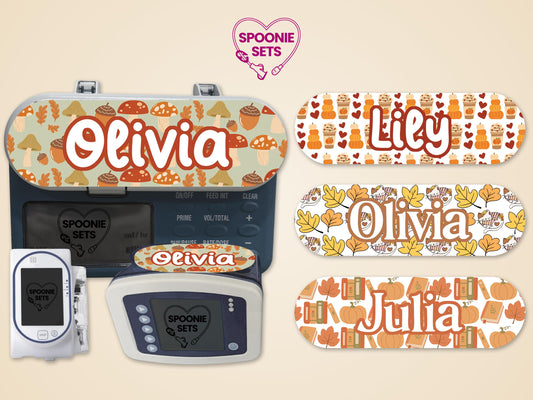 Fall collection feeding tube pump stickers with mushroom, pumpkin, and book designs, personalized with names.