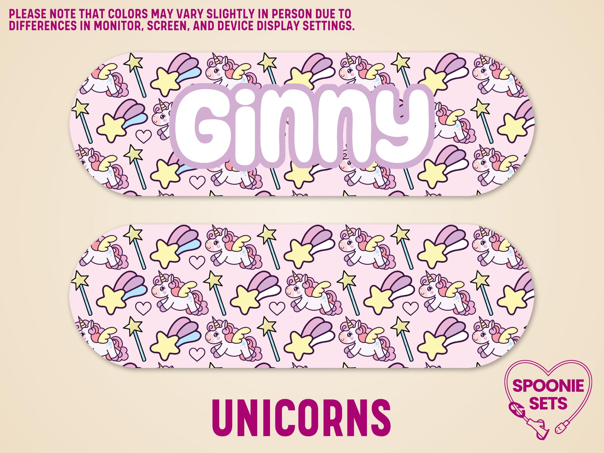 Pink feeding tube pump sticker with "Ginny" in white, featuring a pattern of unicorns, stars, and wands.