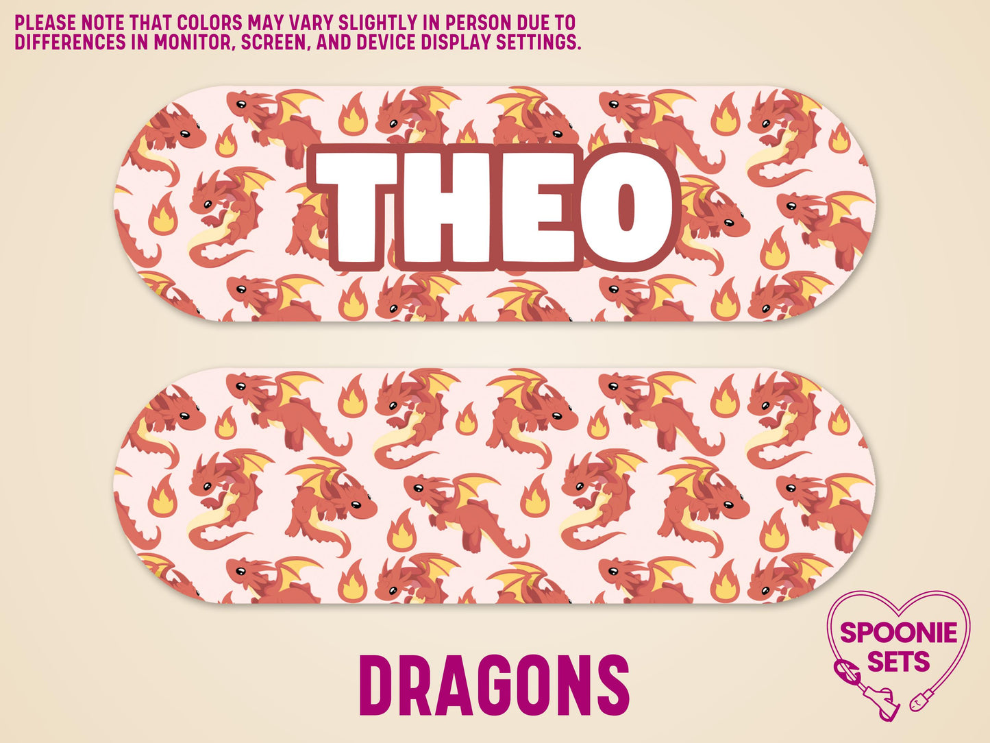 Matte pink feeding tube pump sticker with red dragon and flame pattern, personalized with "THEO" in white.