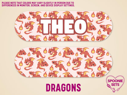 Matte pink feeding tube pump sticker with red dragon and flame pattern, personalized with "THEO" in white.