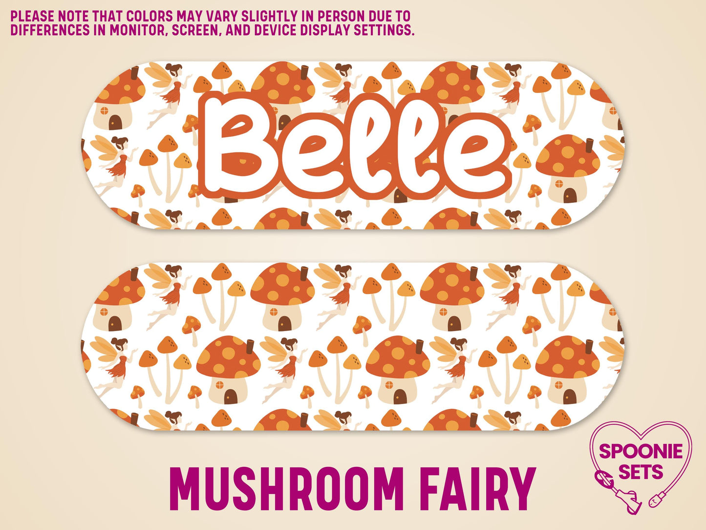 Two matte feeding tube pump stickers with a mushroom fairy design, one customized with "Belle" in orange font.