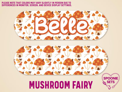 Two matte feeding tube pump stickers with a mushroom fairy design, one customized with "Belle" in orange font.