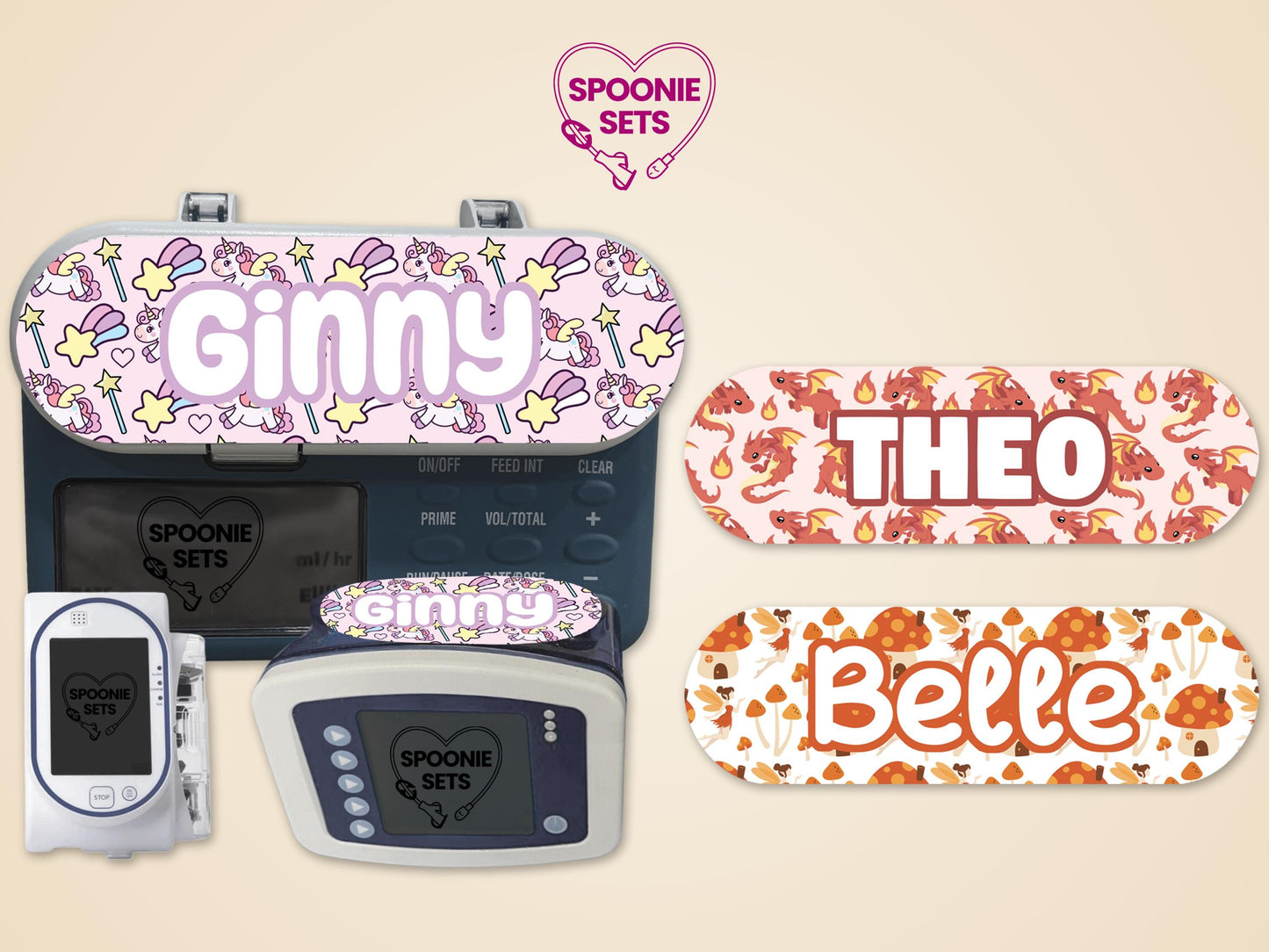 Fantasy feeding tube pump stickers: pink unicorn "Ginny," red dragon "Theo," and mushroom "Belle" designs.