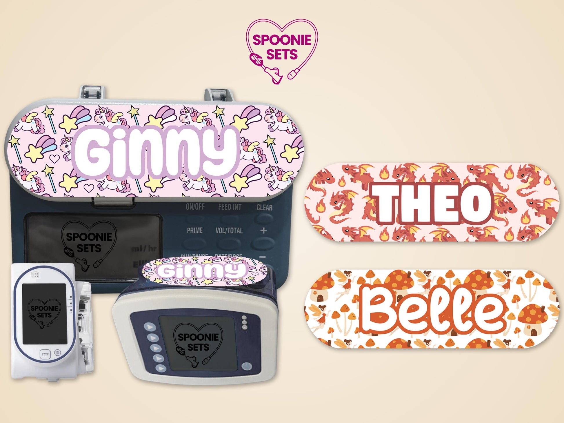 Fantasy feeding tube pump stickers: pink unicorn "Ginny," red dragon "Theo," and mushroom "Belle" designs.