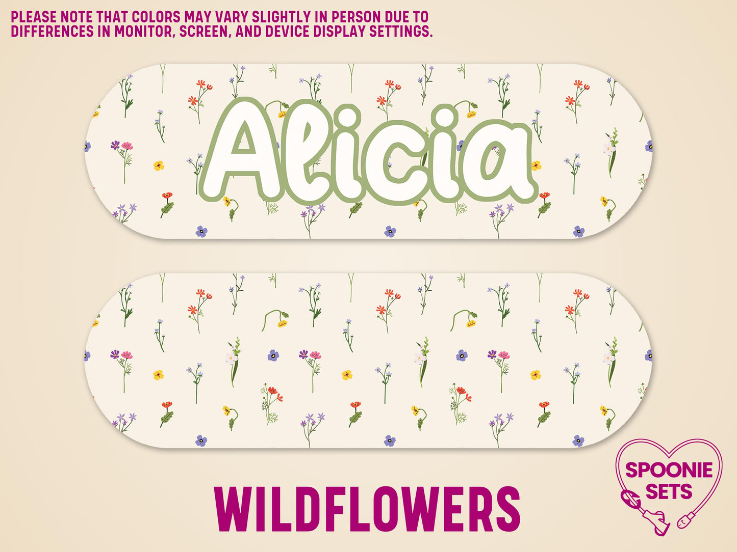 Wildflower feeding tube pump sticker with "Alicia" in green, matte finish.
