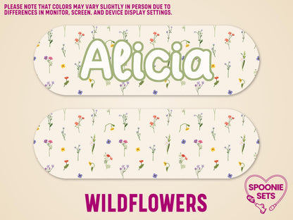 Wildflower feeding tube pump sticker with "Alicia" in green, matte finish.