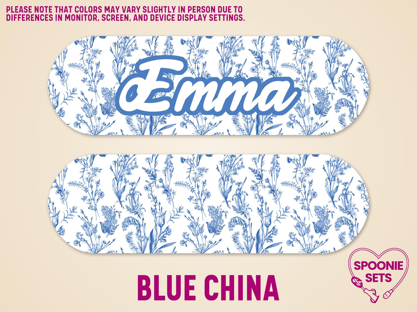 Infinity pump sticker with blue wildflower pattern and "Emma" in blue script.