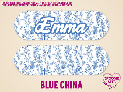 Infinity pump sticker with blue wildflower pattern and "Emma" in blue script.