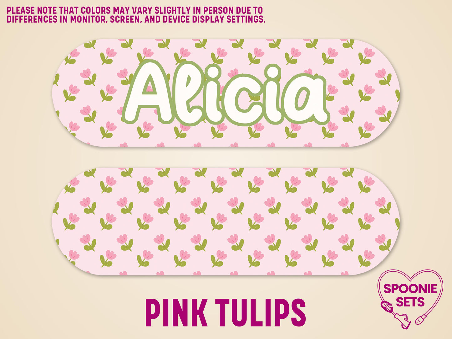 Pink tulips floral feeding tube pump sticker, personalized with "Alicia" in green, matte finish.
