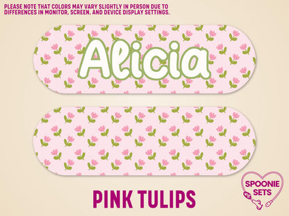 Pink tulips floral feeding tube pump sticker, personalized with "Alicia" in green, matte finish.