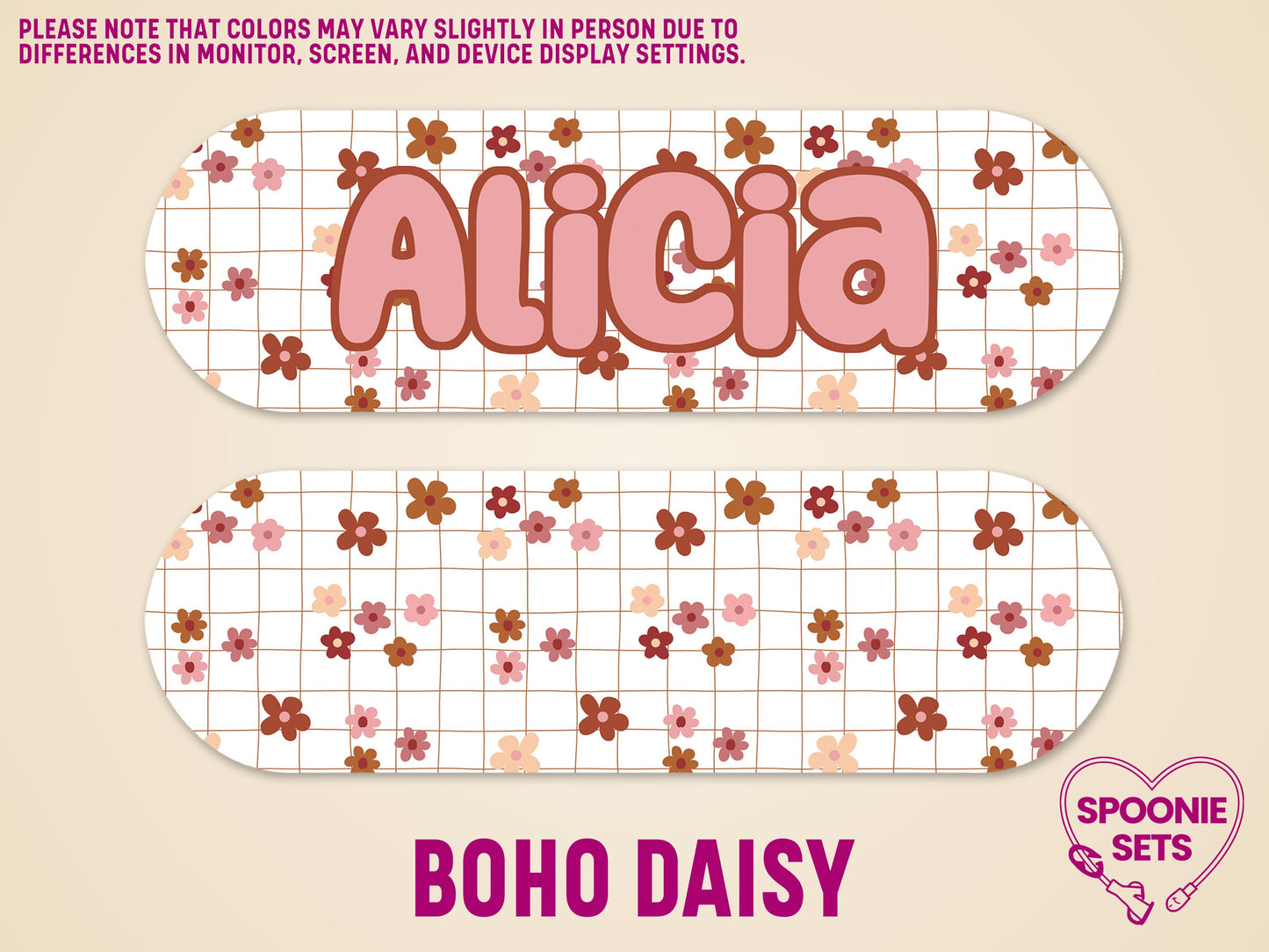 Personalized "Alicia" feeding tube pump sticker with a pink and brown boho daisy floral pattern.