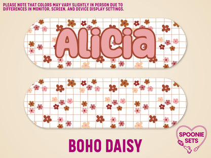 Personalized "Alicia" feeding tube pump sticker with a pink and brown boho daisy floral pattern.