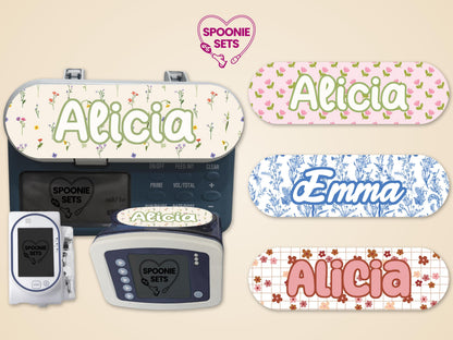Personalized floral feeding tube pump stickers in wildflower, pink tulip, and daisy designs.