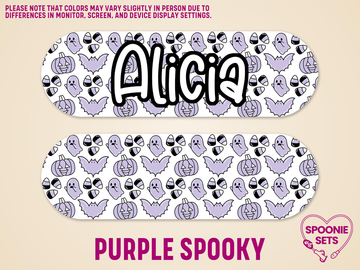 White feeding tube pump sticker with purple Halloween pumpkins, ghosts, bats, and candy corn. One personalized with "Alicia.
