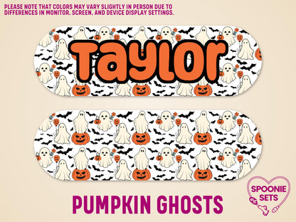 Personalized feeding tube pump sticker with "Taylor" in orange, featuring white pumpkin ghosts and black bats.