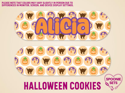 Personalized Infinity pump sticker with "Alicia" in orange, featuring a Halloween pattern of pumpkins, ghosts, and black cats.