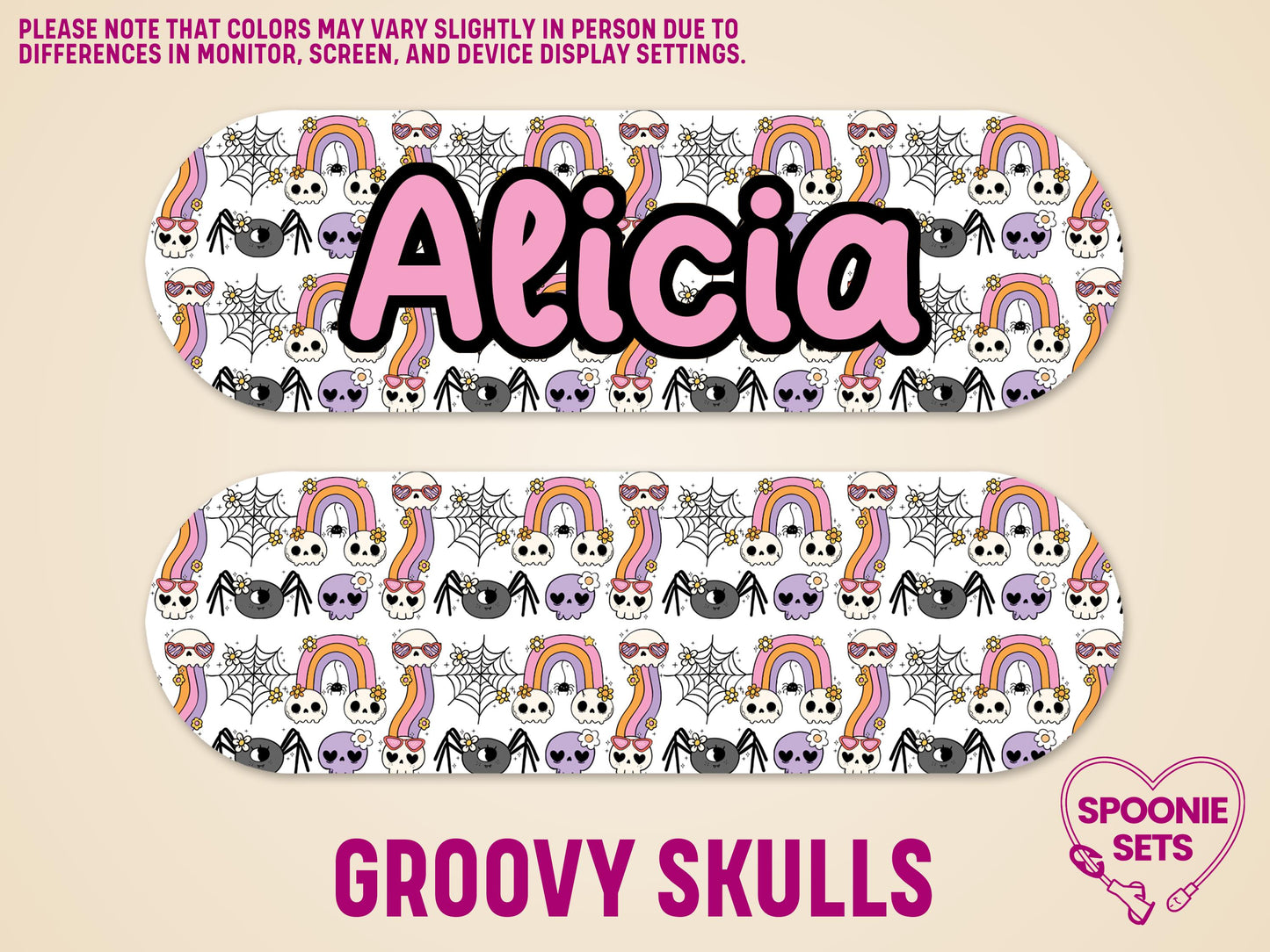 White feeding tube pump sticker with a "Groovy Skulls" pattern, featuring cute skulls, spiders, and rainbows.