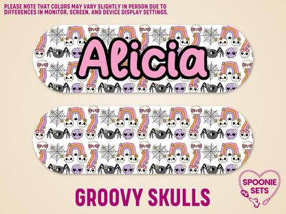 White feeding tube pump sticker with a "Groovy Skulls" pattern, featuring cute skulls, spiders, and rainbows.
