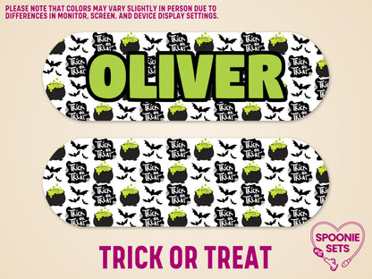 Halloween feeding tube pump sticker with "OLIVER" in green, black bats, and "Trick or Treat" cauldrons.