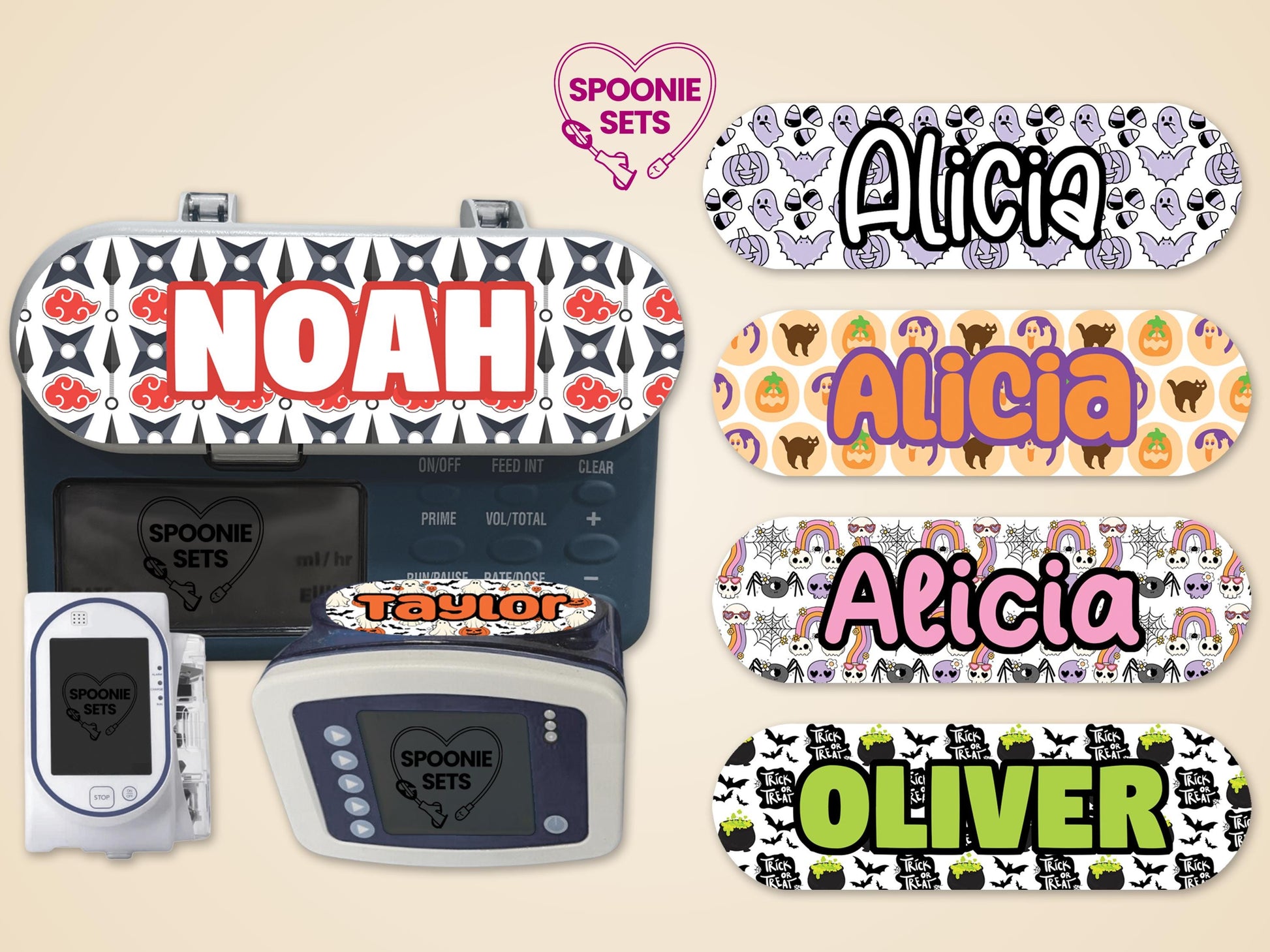 Personalized Halloween feeding tube pump stickers with pumpkin ghosts, skulls, spiders, and "Trick or Treat" designs.