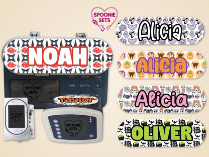Personalized Halloween feeding tube pump stickers with pumpkin ghosts, skulls, spiders, and "Trick or Treat" designs.