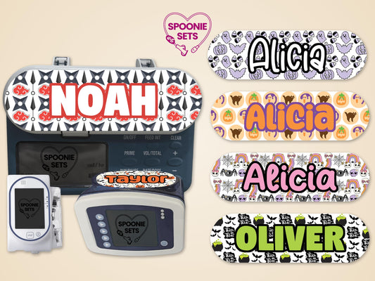 Personalized Halloween feeding tube pump stickers with pumpkin ghosts, skulls, spiders, and "Trick or Treat" designs.