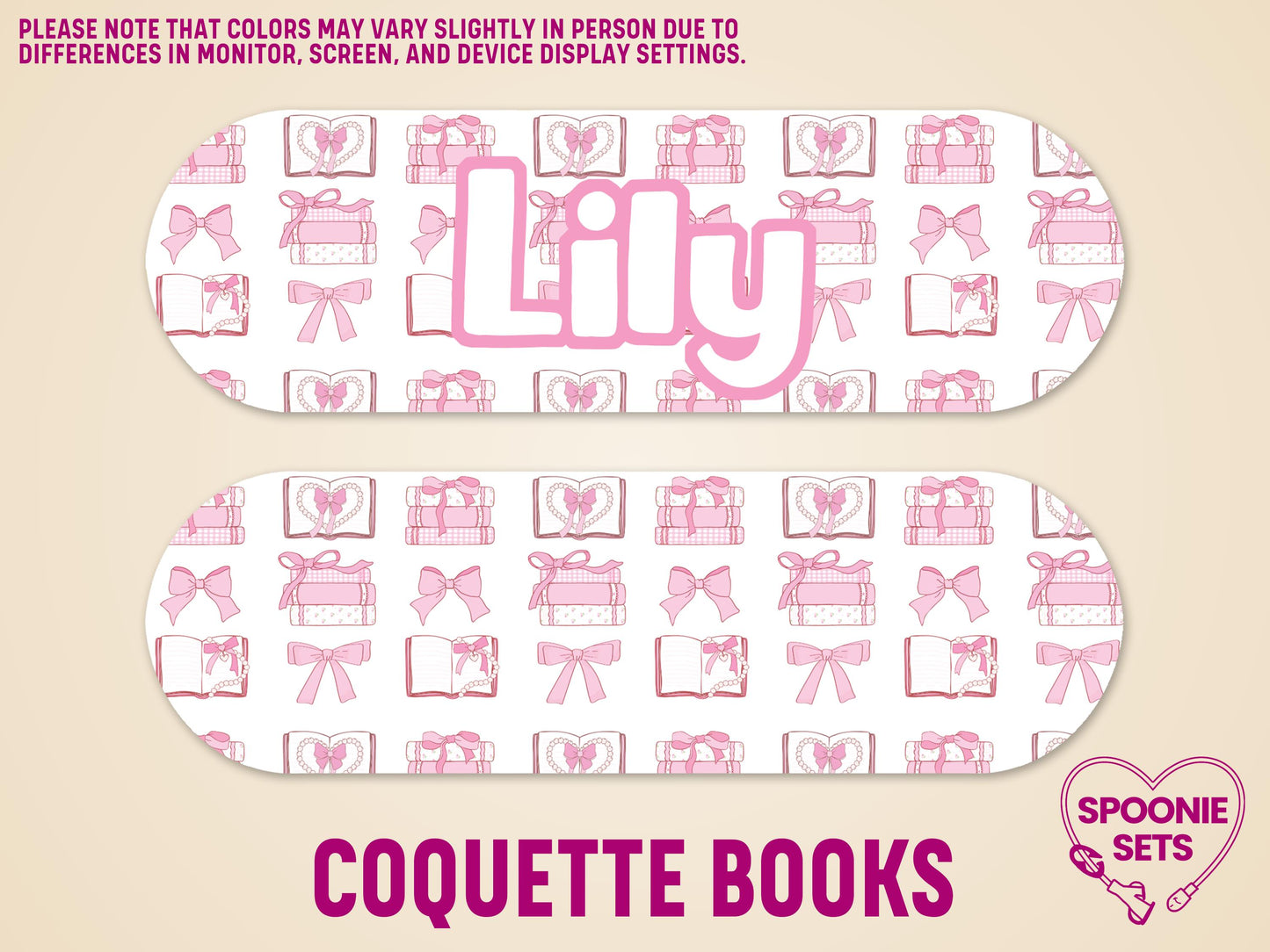 Two matte feeding tube pump stickers with pink bows and open book designs. One is personalized with "Lily.