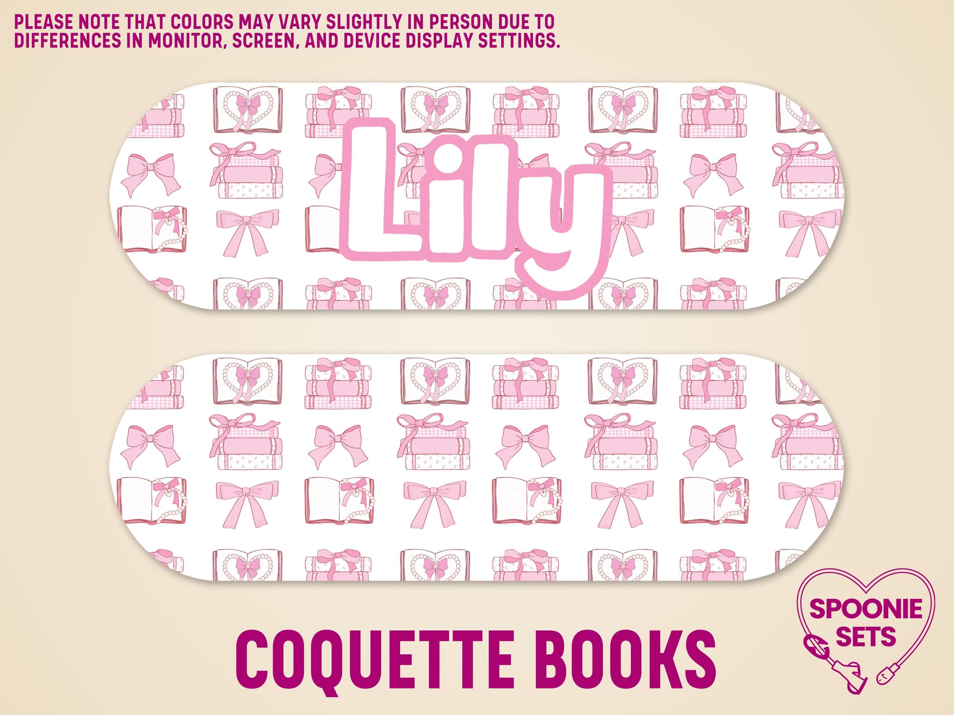Two matte feeding tube pump stickers with pink bows and open book designs. One is personalized with "Lily.