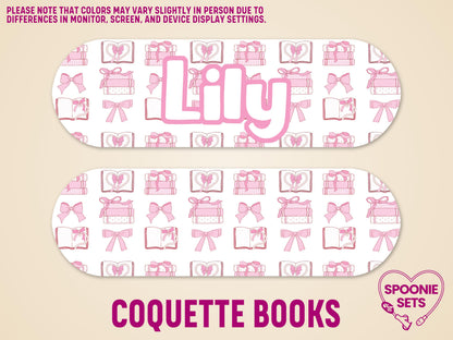 Two matte feeding tube pump stickers with pink bows and open book designs. One is personalized with "Lily.