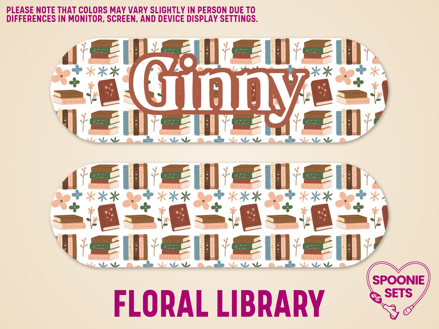 Two matte, laminated feeding tube pump stickers with a floral library design. One features "Ginny" in script.