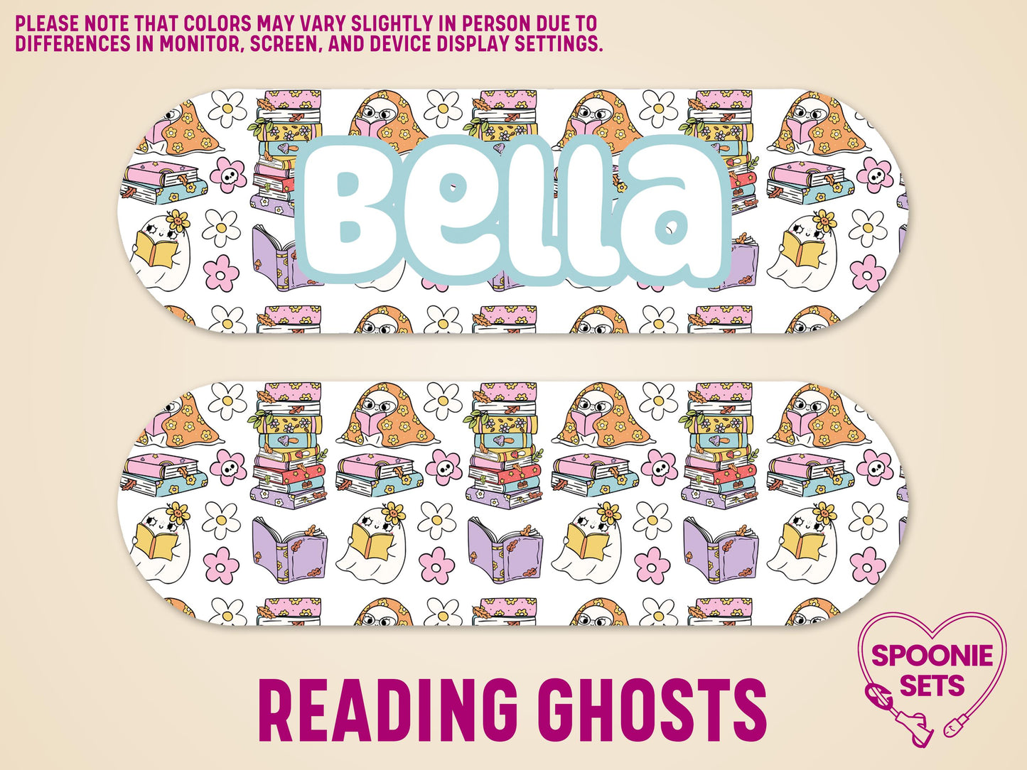 White matte feeding tube pump sticker with colorful reading ghosts, cats, and floral designs, personalized with "Bella.