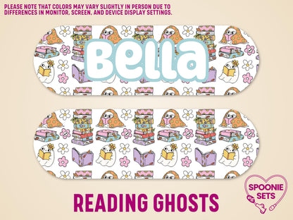 White matte feeding tube pump sticker with colorful reading ghosts, cats, and floral designs, personalized with "Bella.