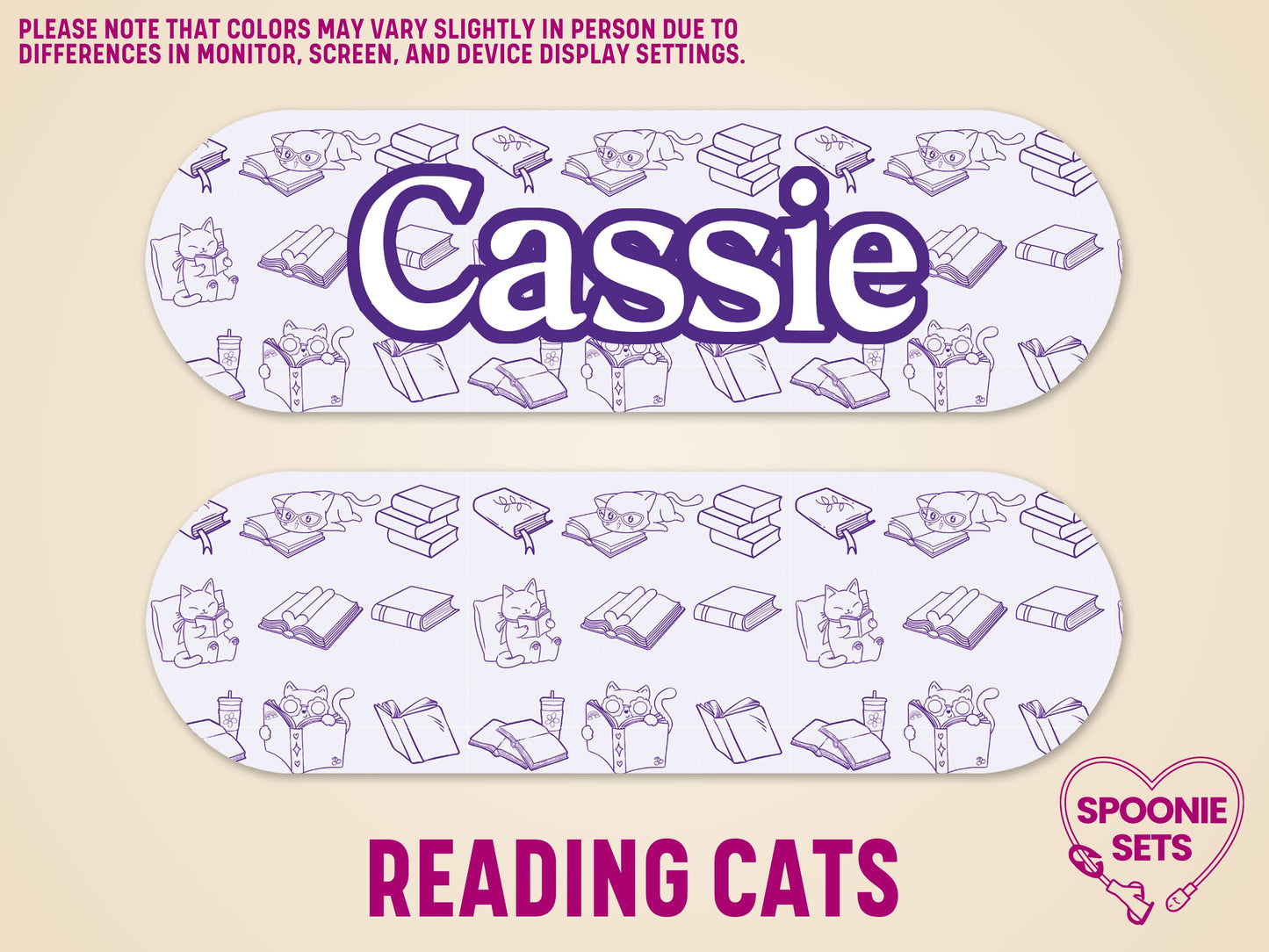 Two matte, lavender feeding tube pump stickers with a purple "Reading Cats" design featuring cats and books. One sticker has "Cassie" in purple script.