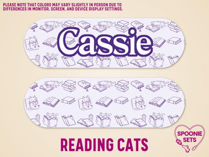 Two matte, lavender feeding tube pump stickers with a purple "Reading Cats" design featuring cats and books. One sticker has "Cassie" in purple script.
