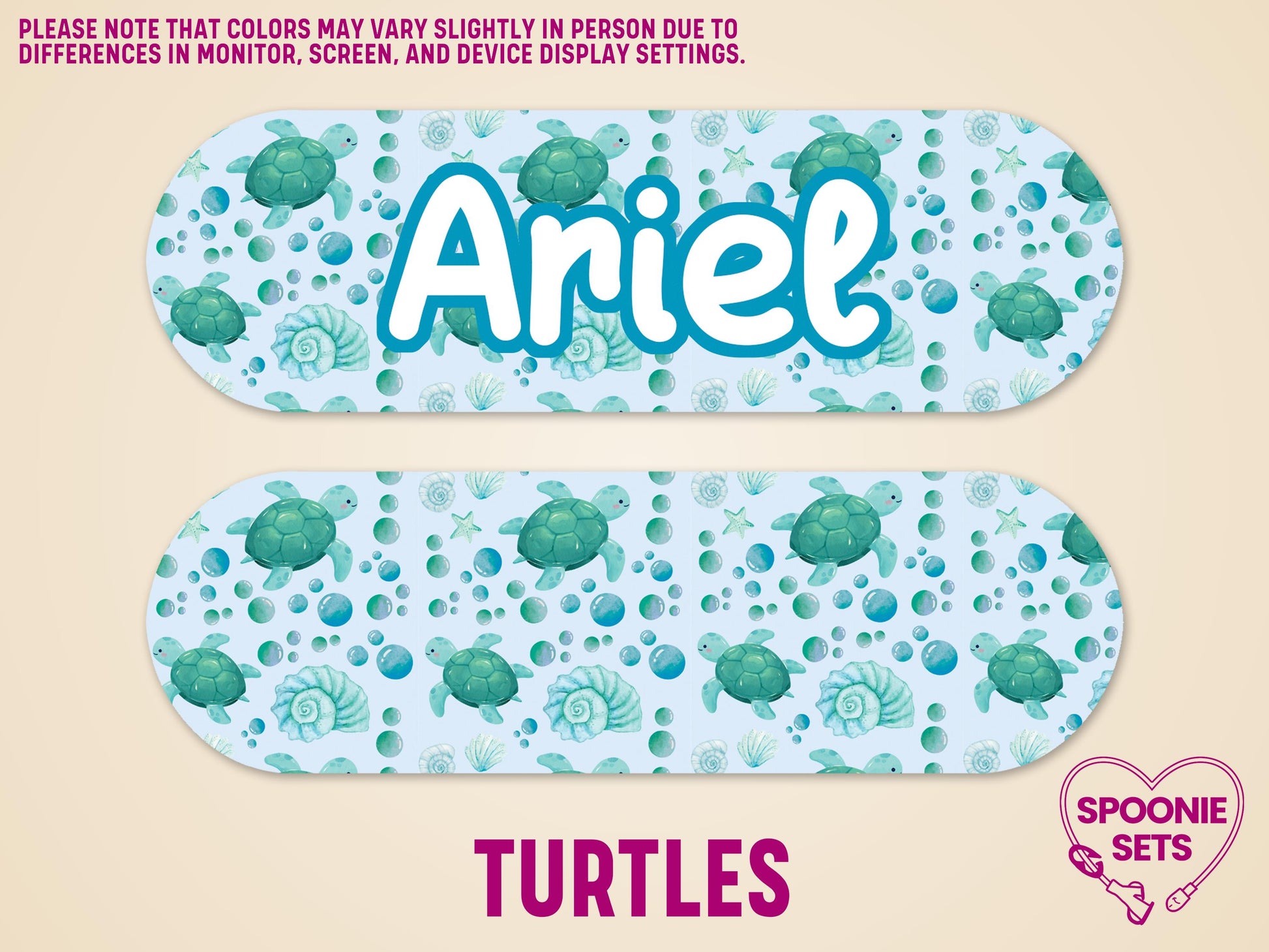 Personalized sea turtle feeding tube pump sticker with "Ariel" in white bubble font on a light blue background.