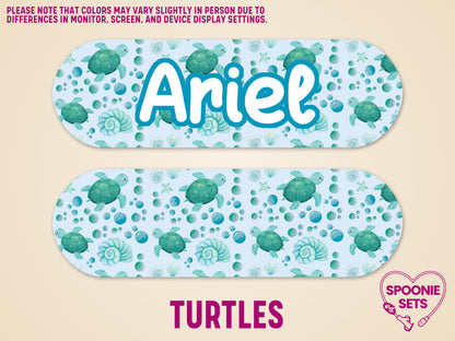 Personalized sea turtle feeding tube pump sticker with "Ariel" in white bubble font on a light blue background.