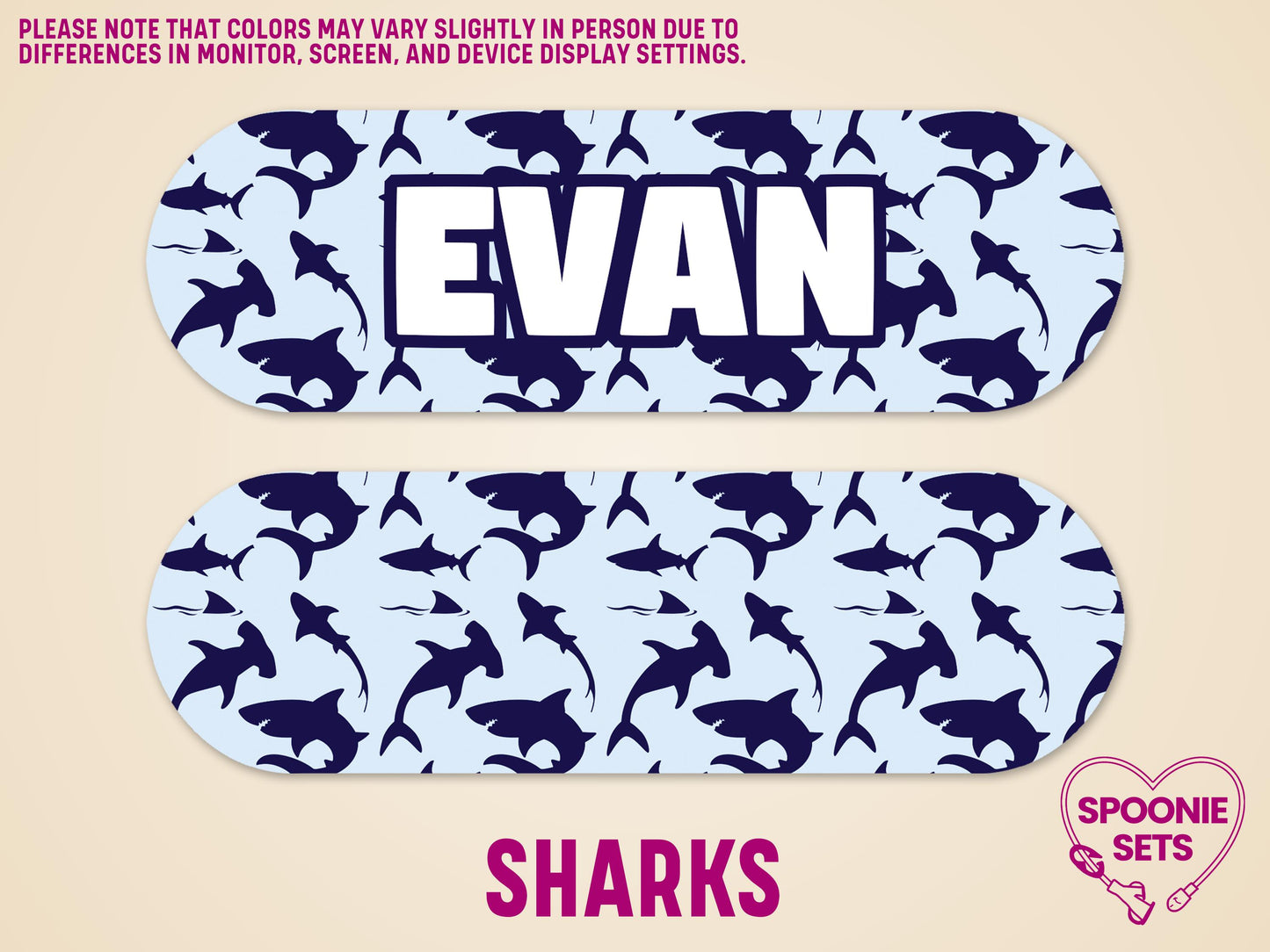 Personalized feeding tube pump sticker with dark blue shark pattern on light blue, featuring "EVAN" in white.