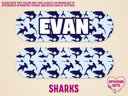 Personalized feeding tube pump sticker with dark blue shark pattern on light blue, featuring "EVAN" in white.