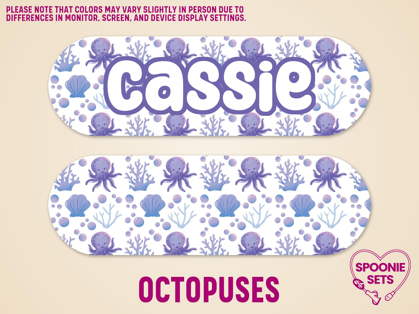 Two white, rounded feeding tube pump stickers with purple octopuses, blue seashells, and coral designs. One sticker features "Cassie" in purple bubble letters.
