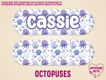 Two white, rounded feeding tube pump stickers with purple octopuses, blue seashells, and coral designs. One sticker features "Cassie" in purple bubble letters.
