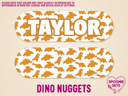 White matte feeding tube pump stickers with orange dino nugget pattern, one personalized with "TAYLOR".