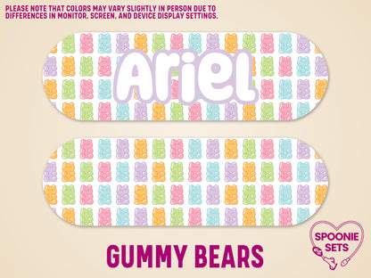 Matte feeding tube pump sticker with colorful gummy bears and "Ariel" in white text.
