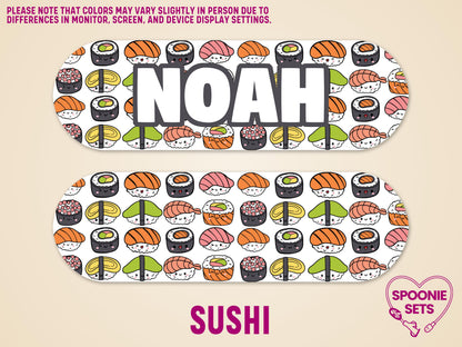 Personalized feeding tube pump sticker with a colorful sushi pattern and "NOAH" in white text.