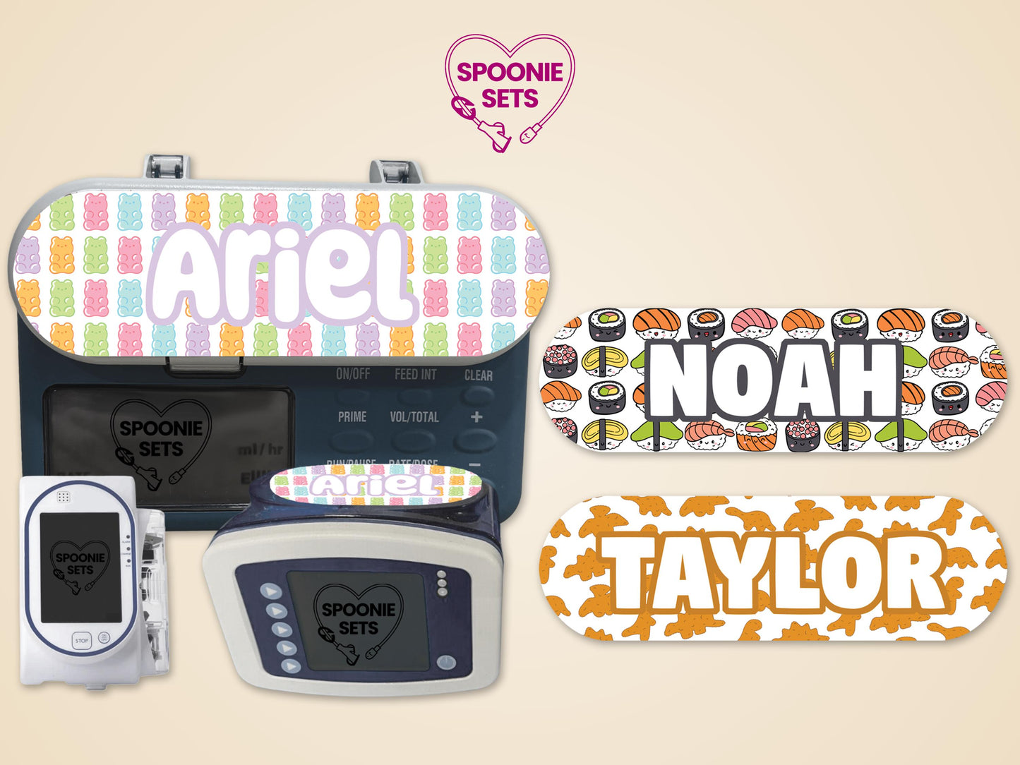 Feeding tube pump stickers: gummy bears for "Ariel," sushi for "Noah," and dino nuggets for "Taylor.