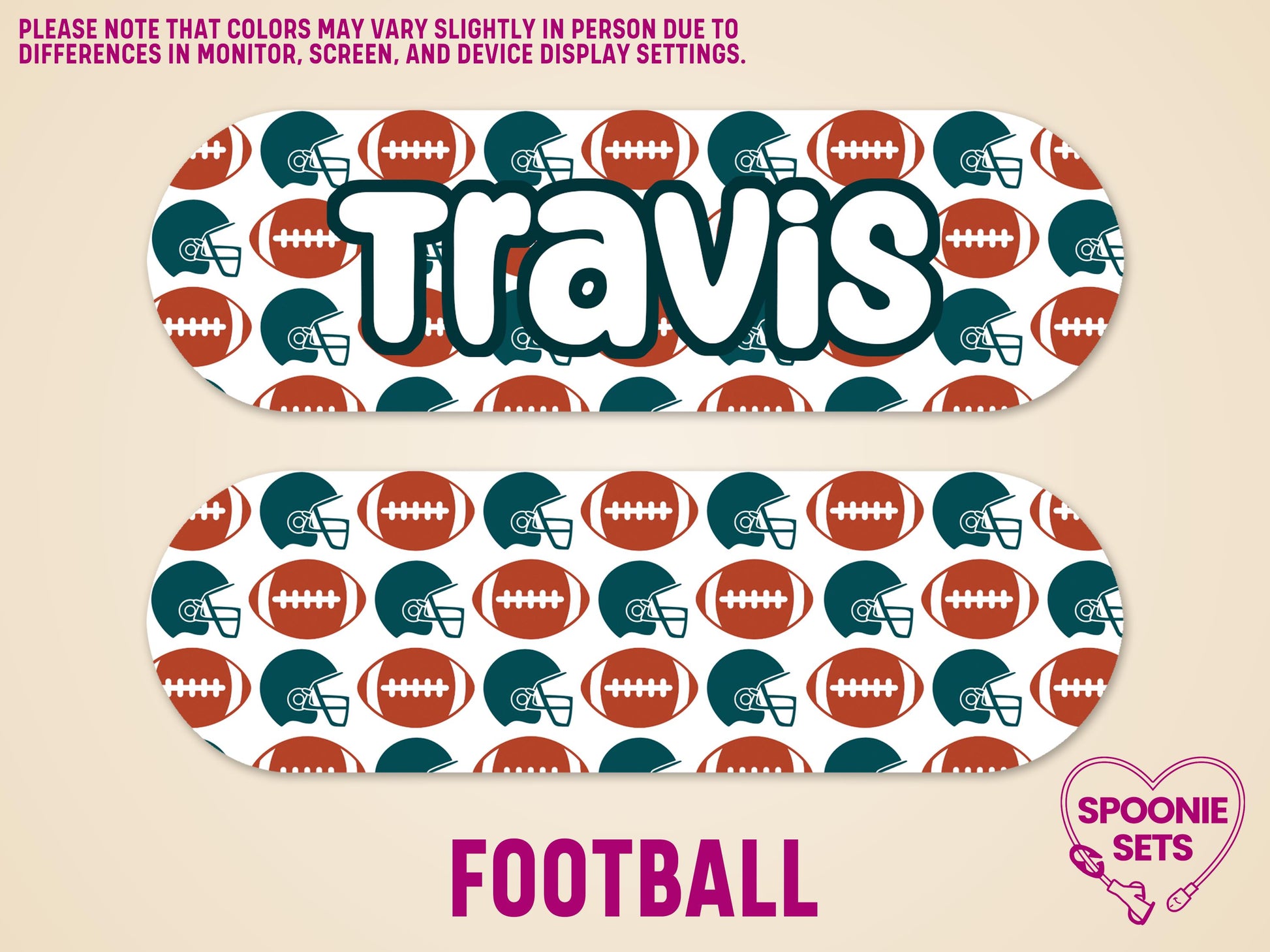 Personalized feeding tube pump sticker with "Travis" in white, featuring a football and helmet pattern.