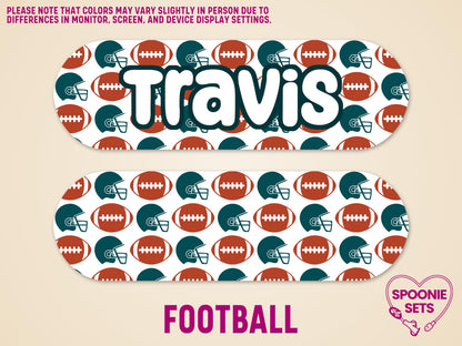 Personalized feeding tube pump sticker with "Travis" in white, featuring a football and helmet pattern.
