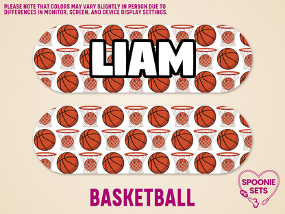 Personalized basketball-themed feeding tube pump sticker with "LIAM" in bold white text, matte finish.