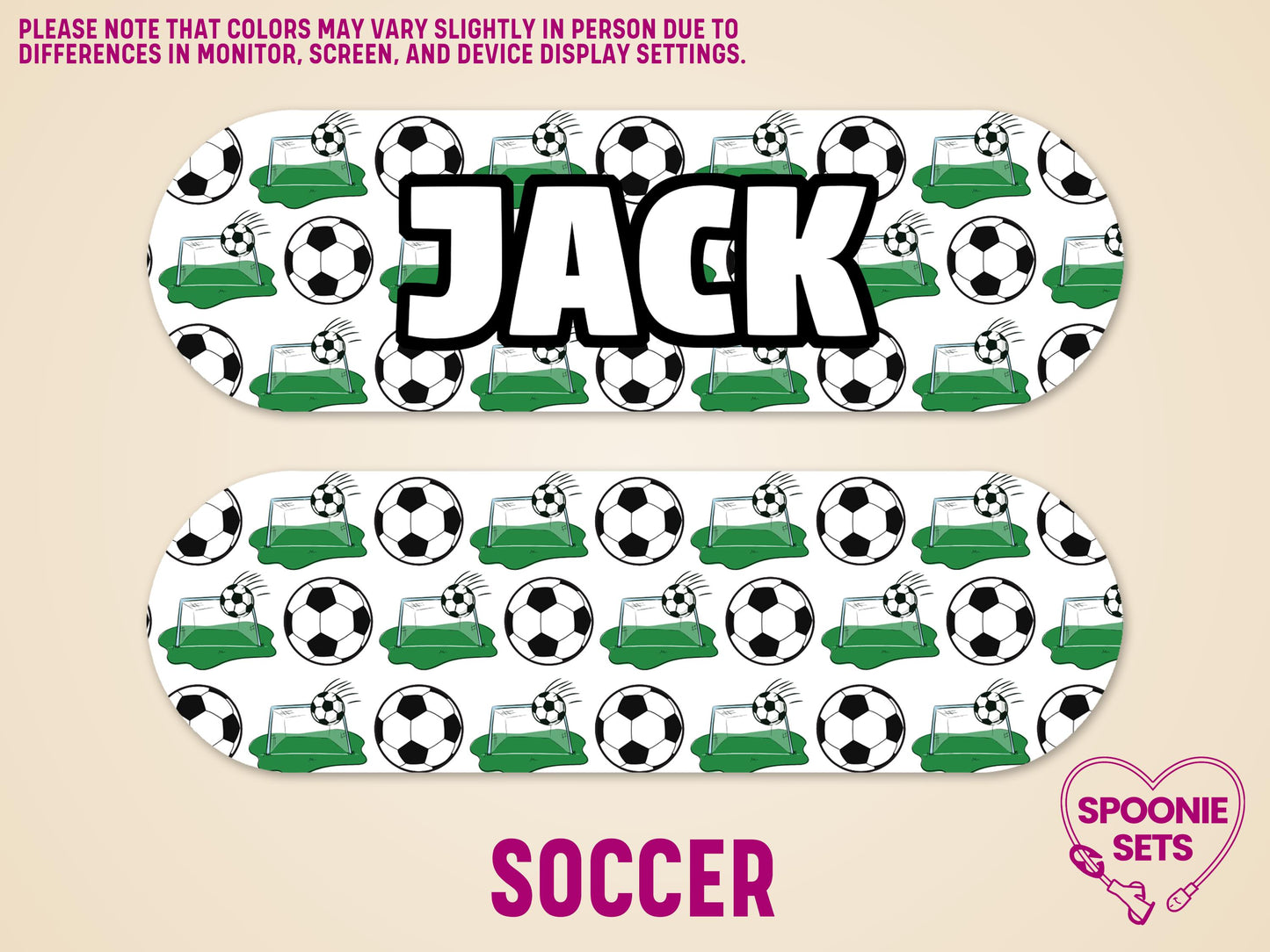 Personalized Infinity pump sticker with "JACK" in black, featuring a soccer ball and goal design.
