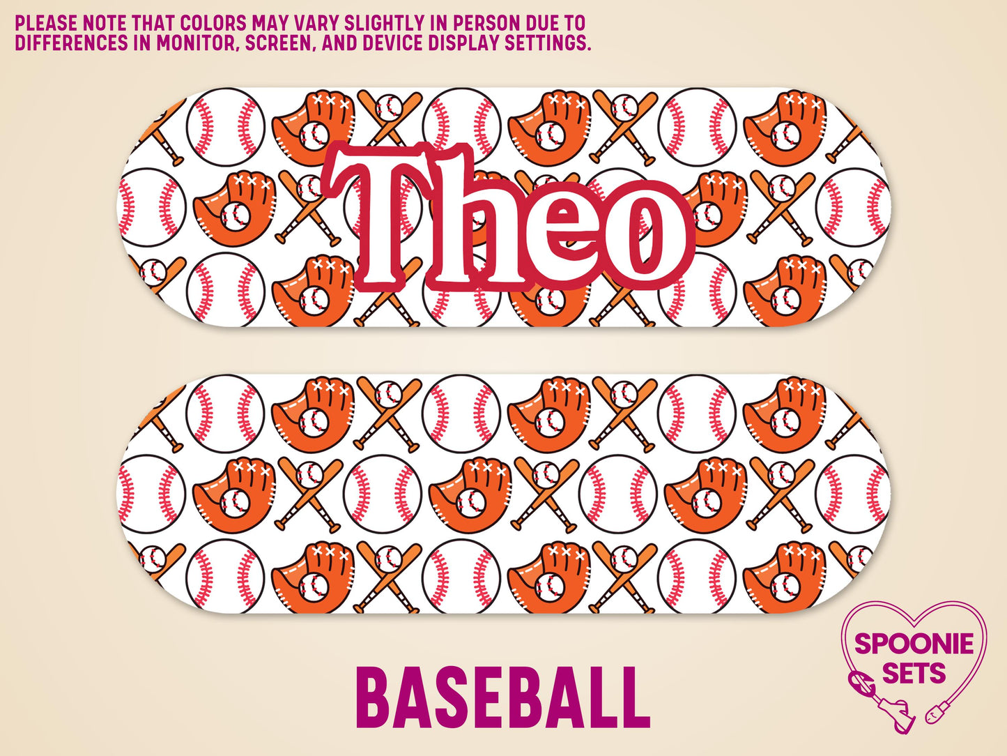 Personalized baseball-themed feeding tube pump sticker with "Theo" in red, featuring bats, balls, and gloves.